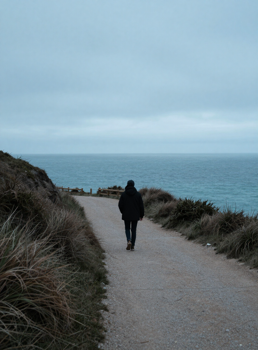 Person walking along a windswept coastal headland path at dawn in muted blue tones