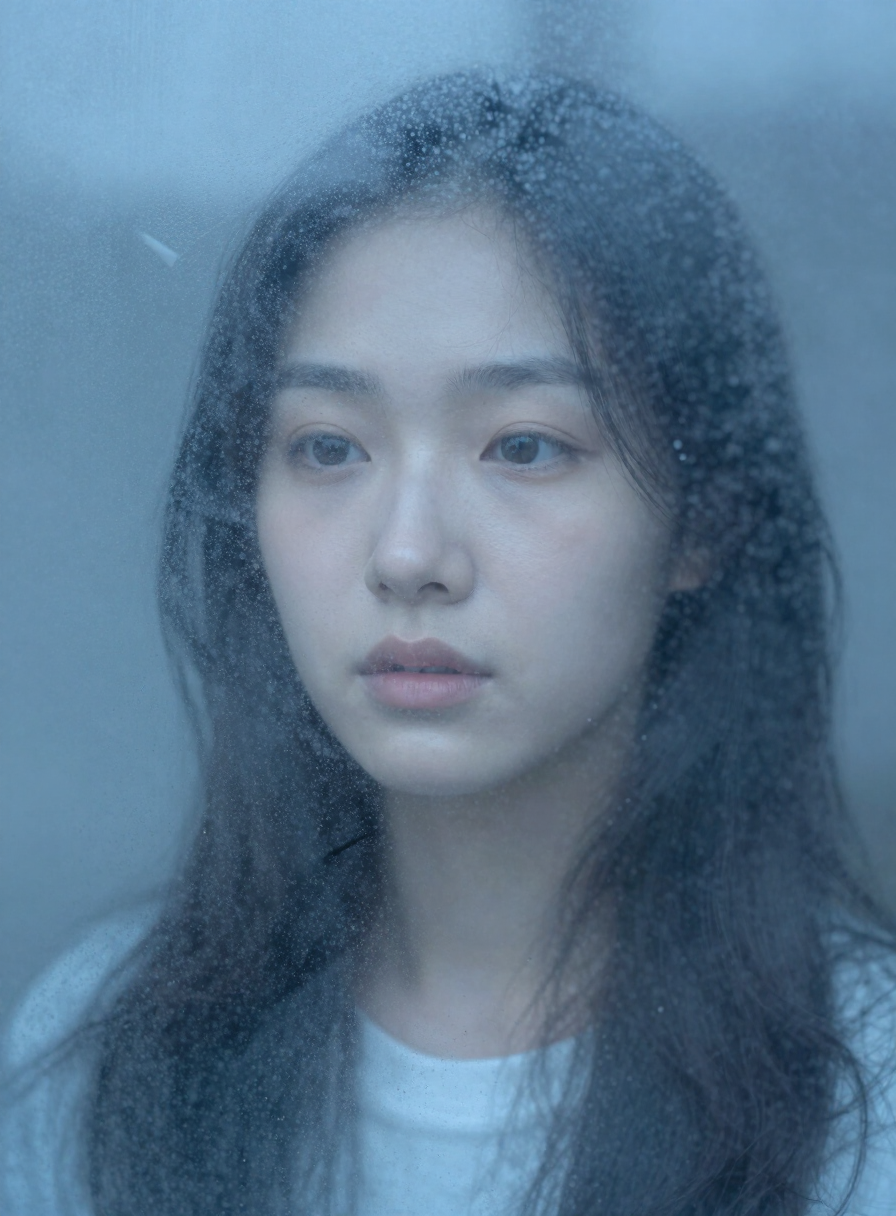 Quiet reflective portrait of a person seen through a fogged window pane in soft blue light